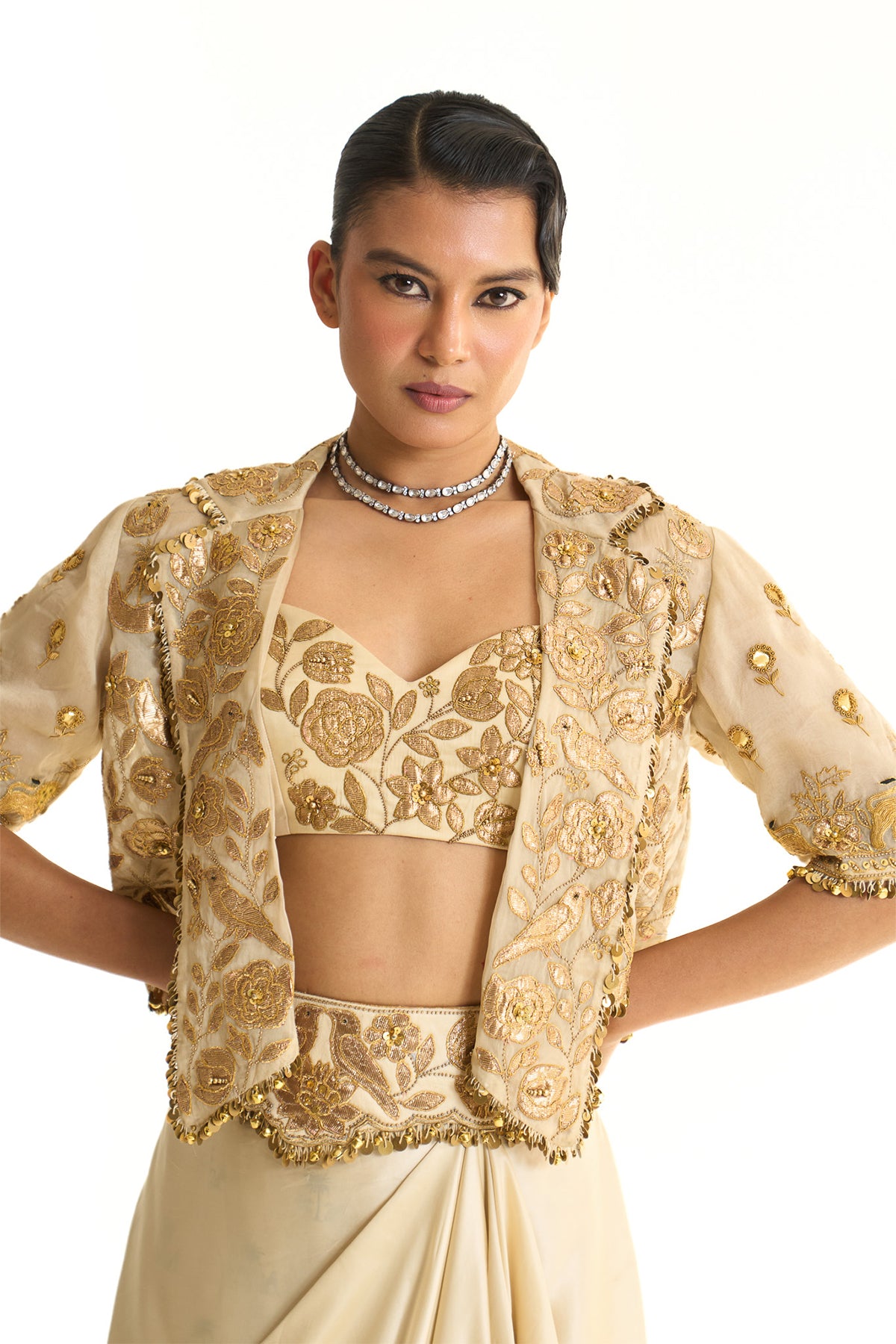 Overlap jacket with drape skirt set