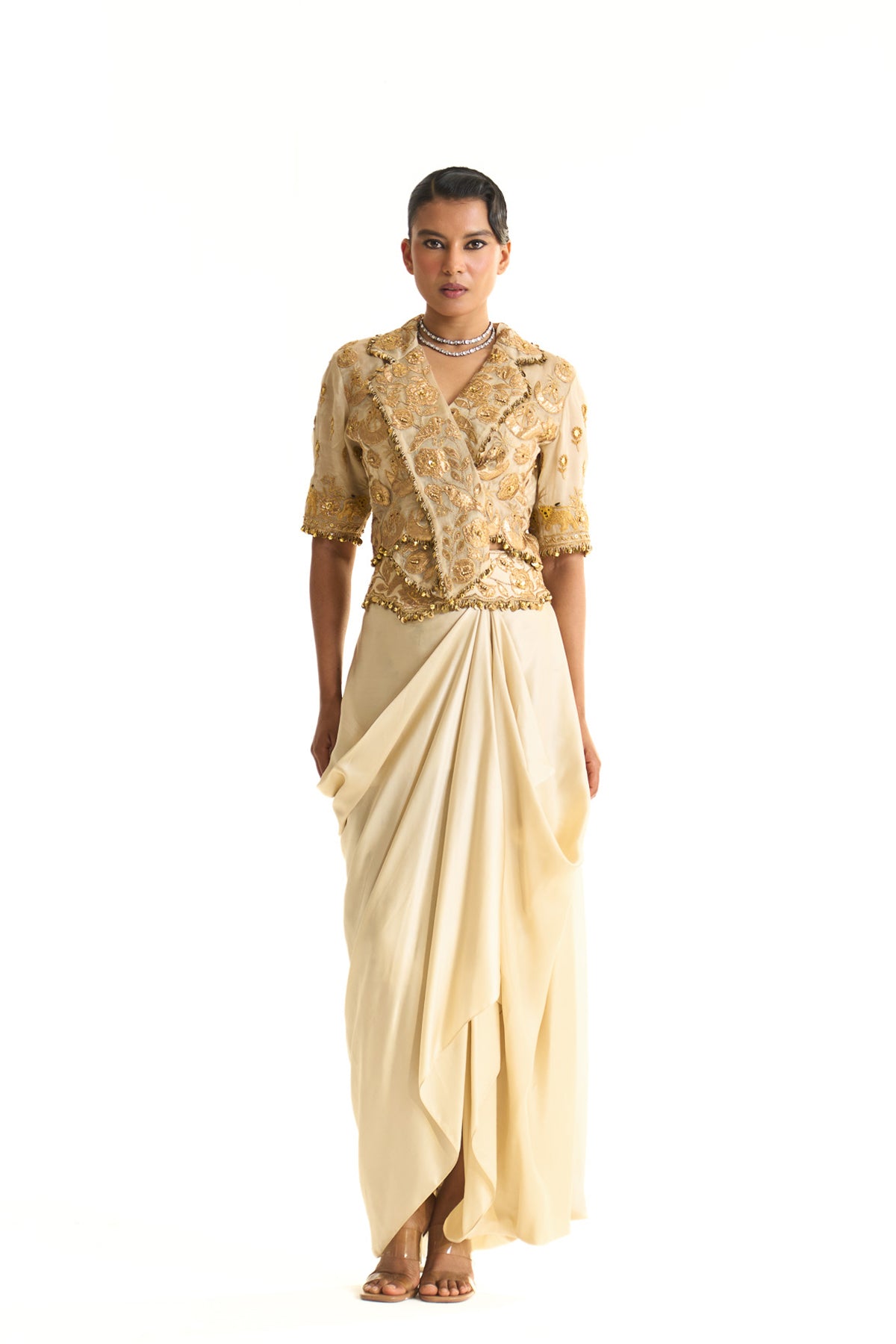 Overlap jacket with drape skirt set