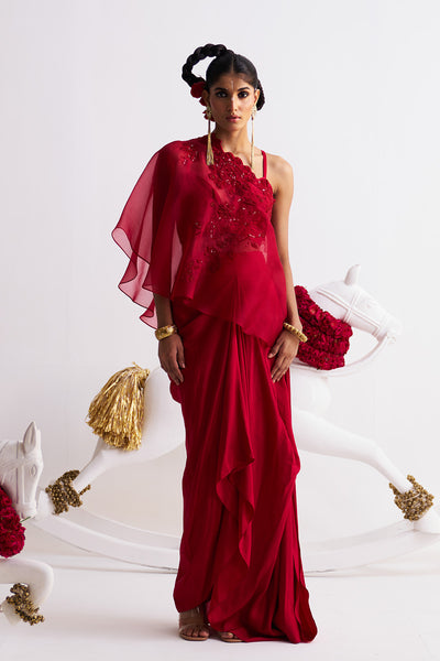Scarlet bloom Embroidered organza off shoulder with skirt set