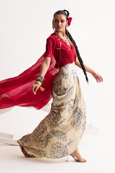 Scarlet bloom Waist coat & cape with drape skirt