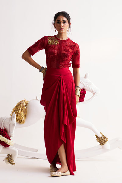 Scarlet bloom Bodysuit with draped skirt