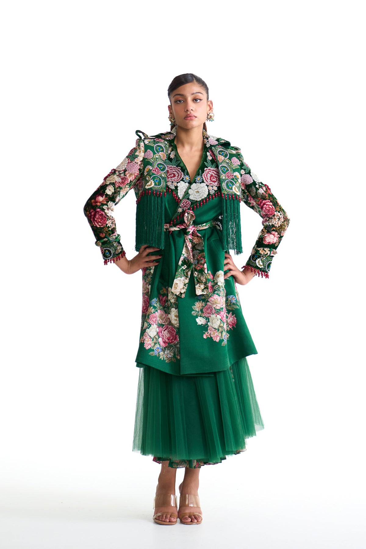 French rose trench coat skirt set