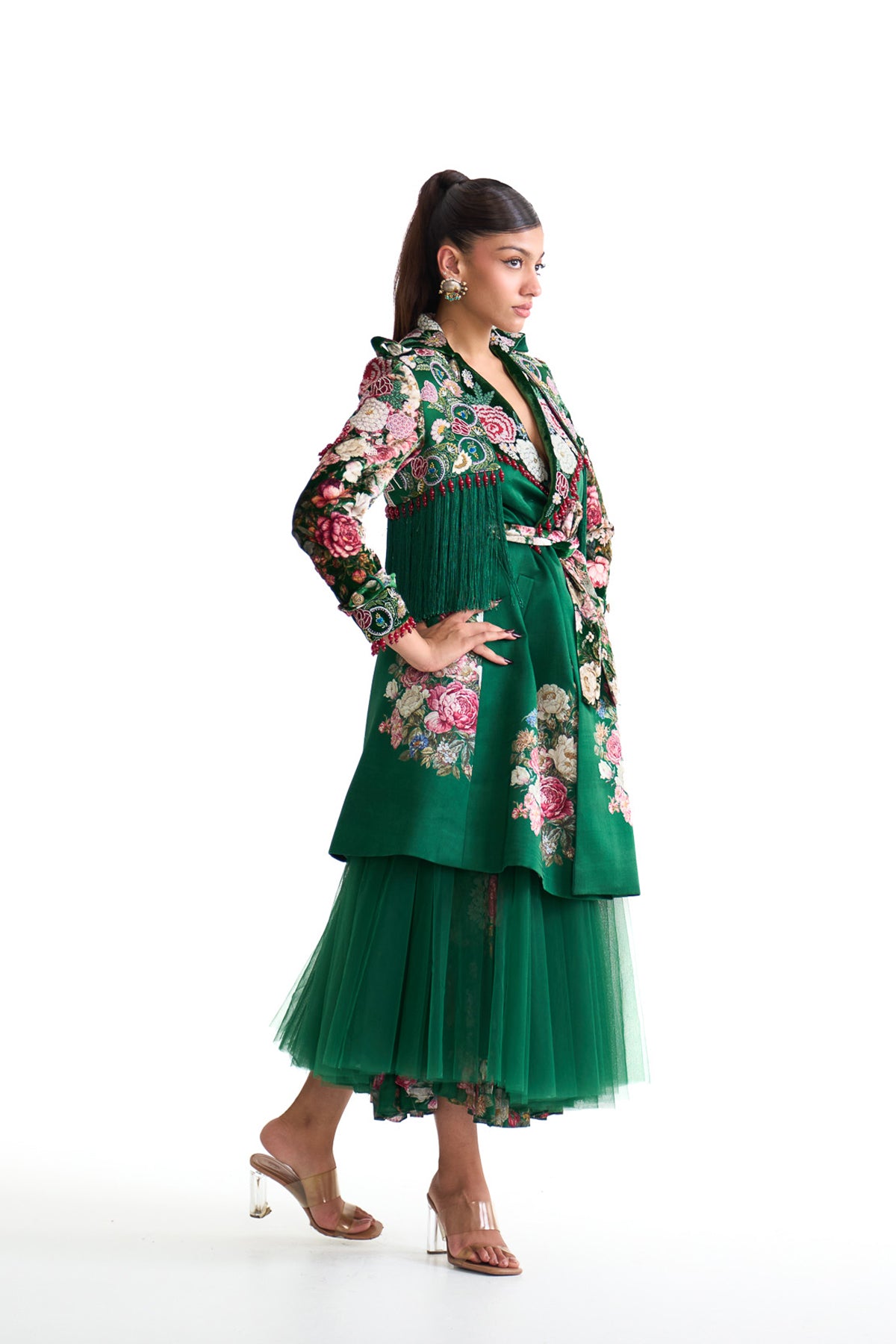 French rose trench coat skirt set