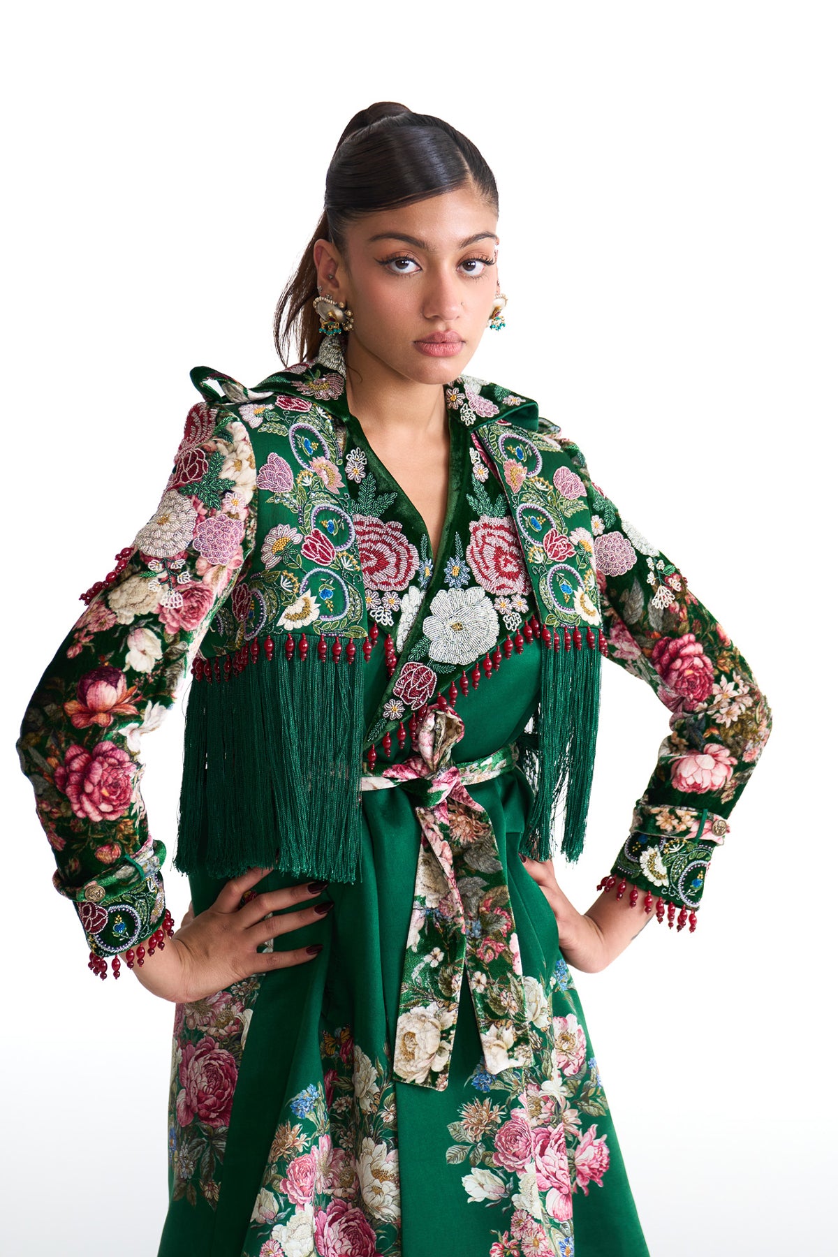 French rose trench coat skirt set