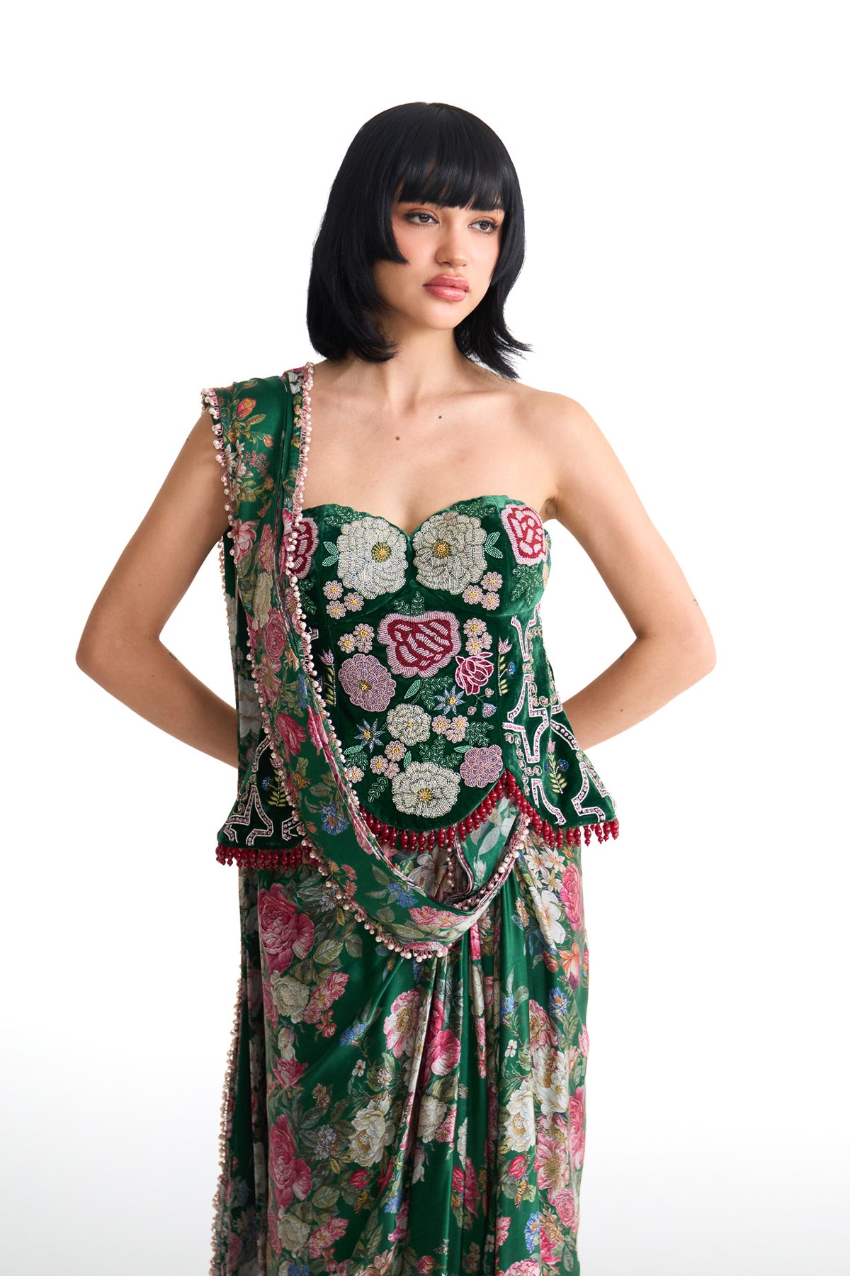French rose corset saree set