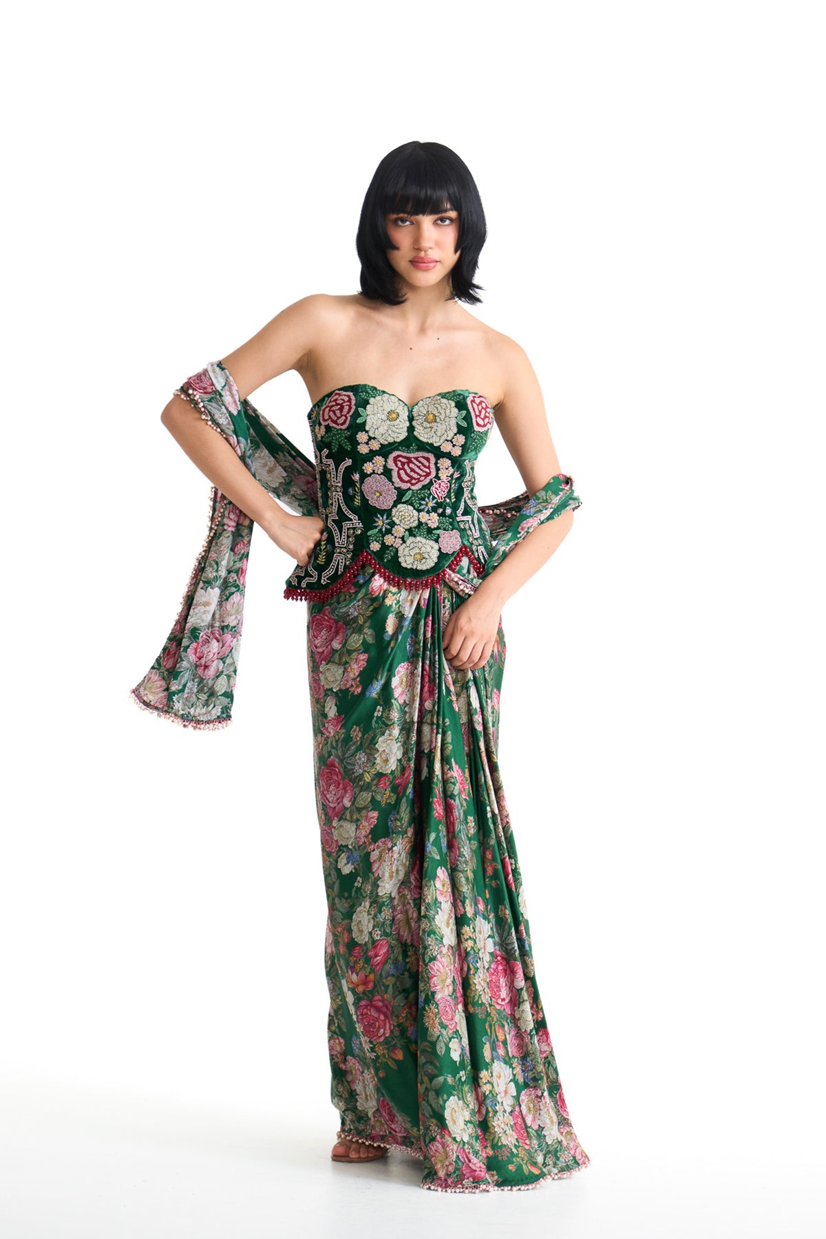 French rose corset saree set