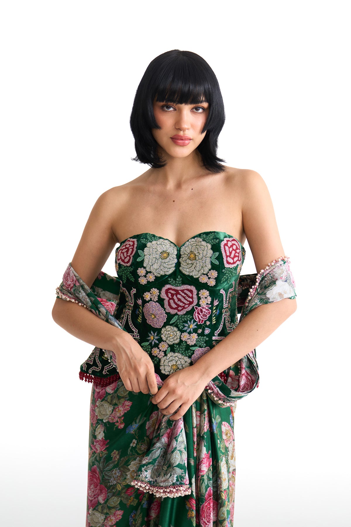 French rose corset saree set