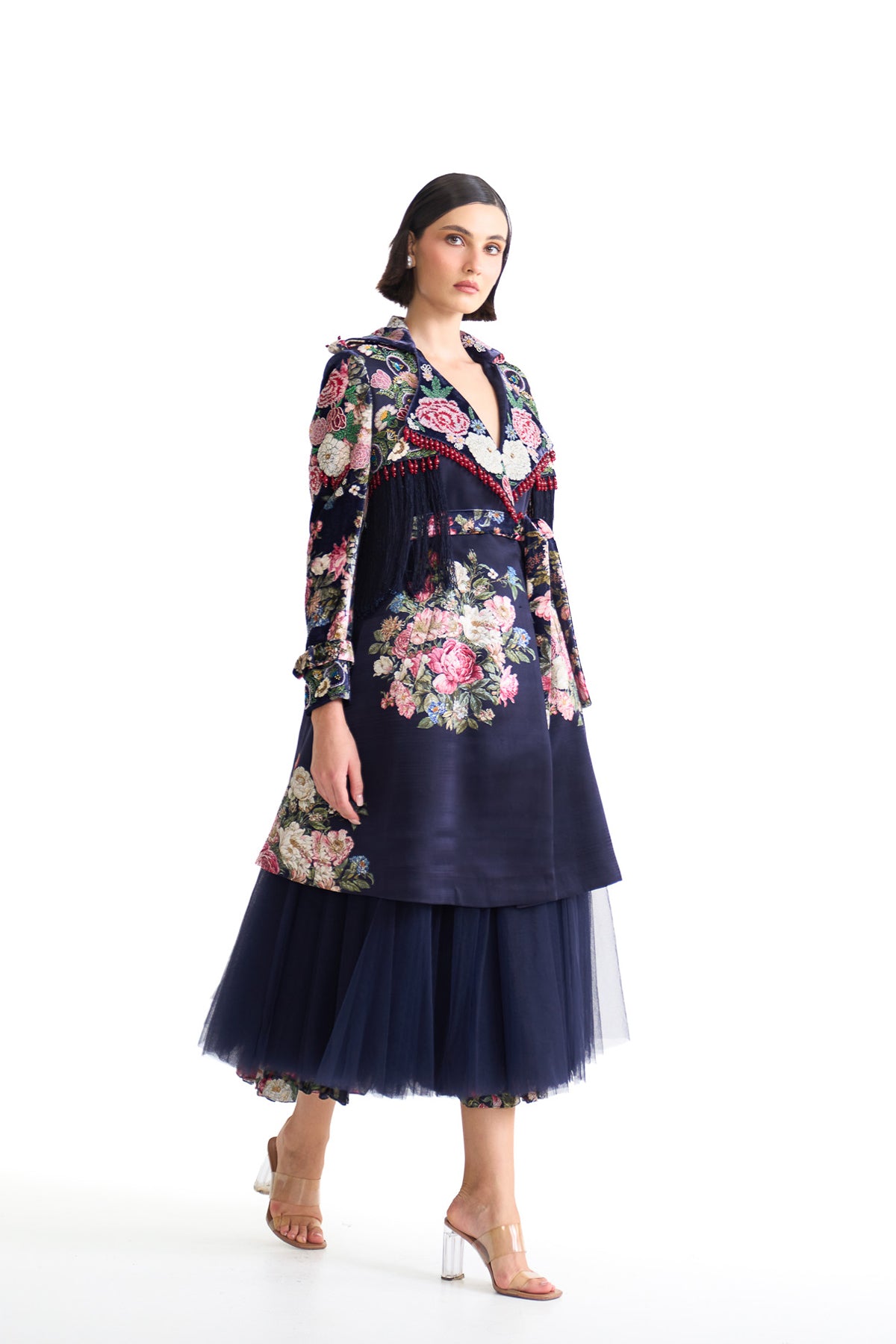 French rose trench coat skirt set