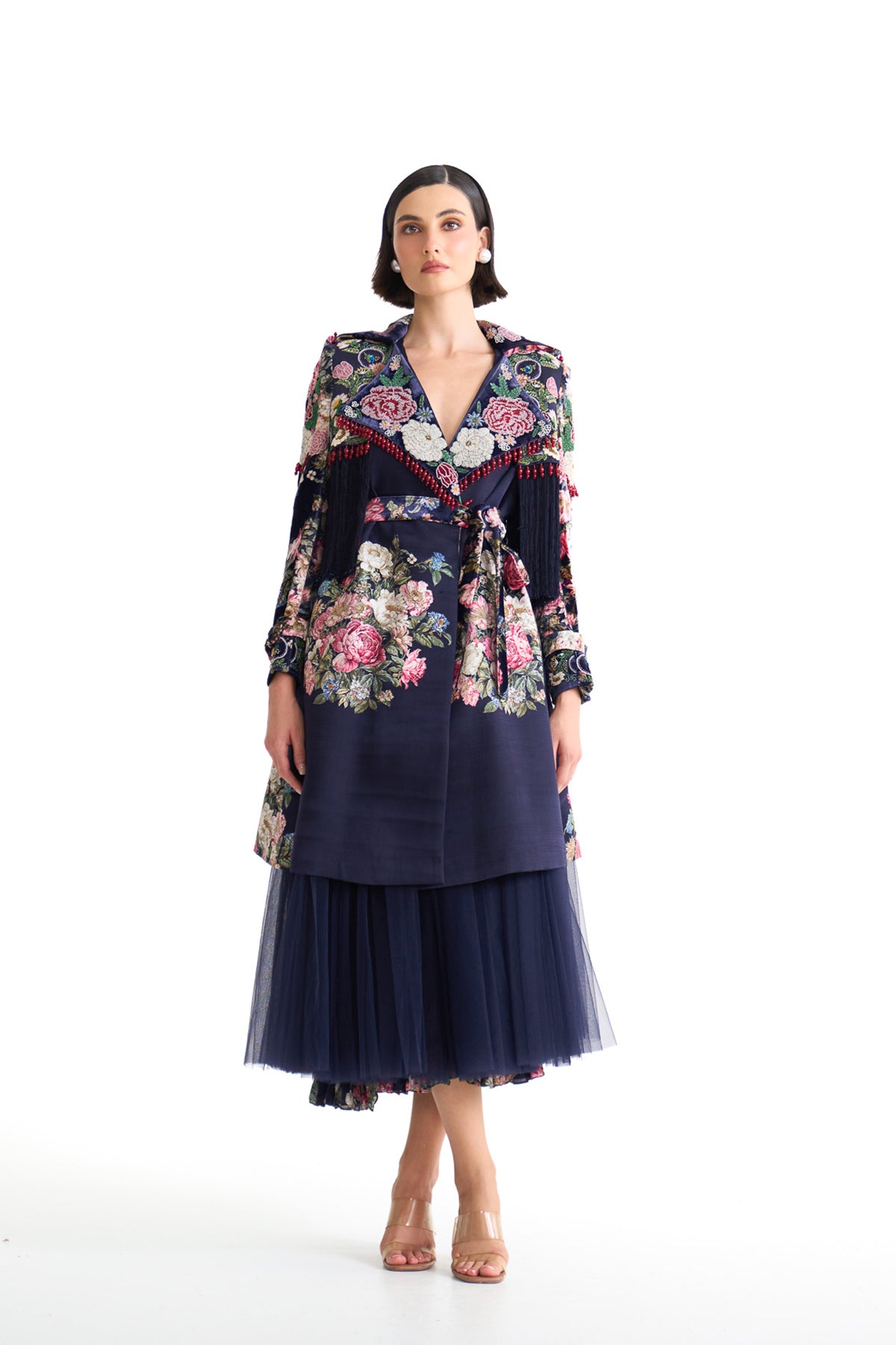 French rose trench coat skirt set