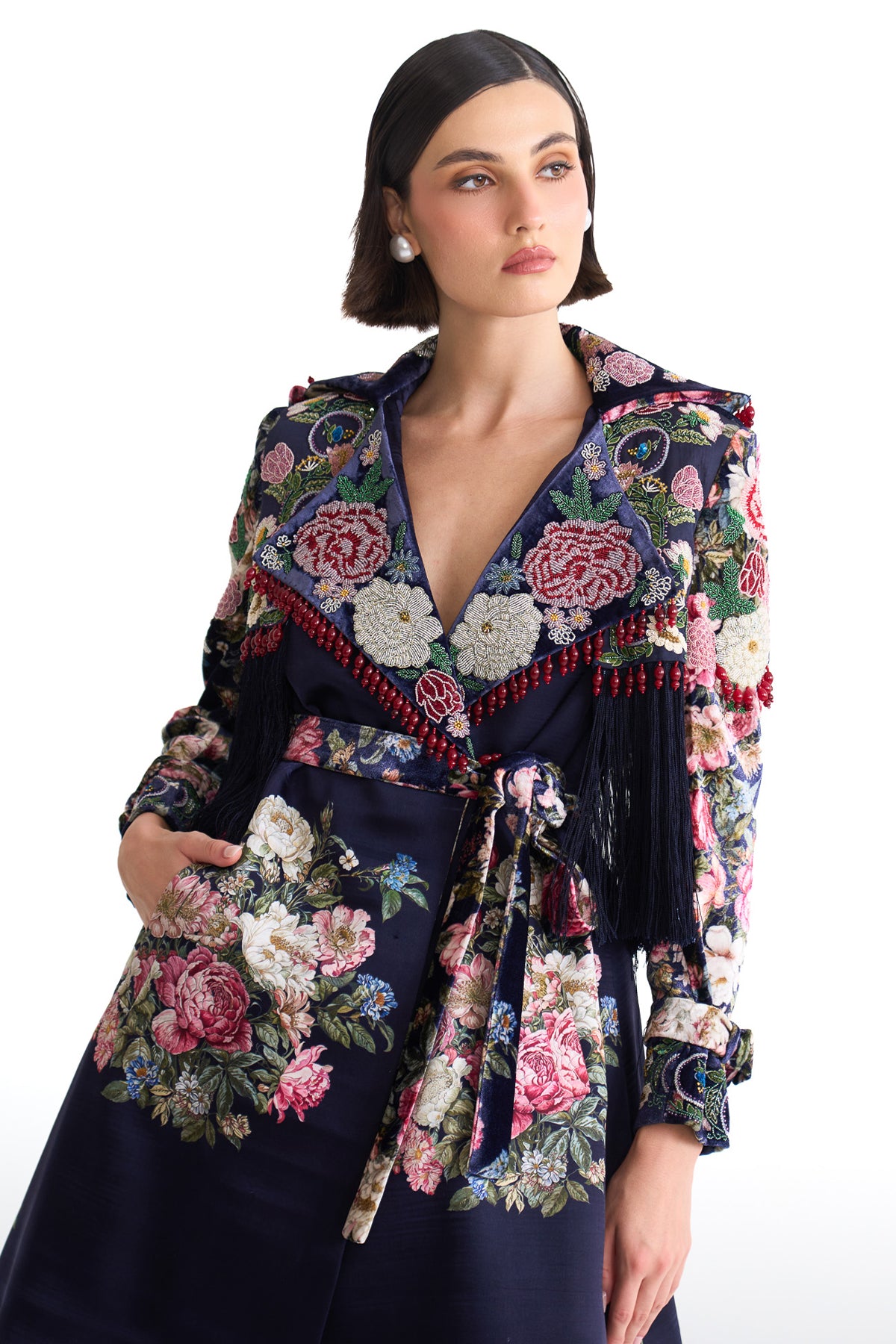 French rose trench coat skirt set