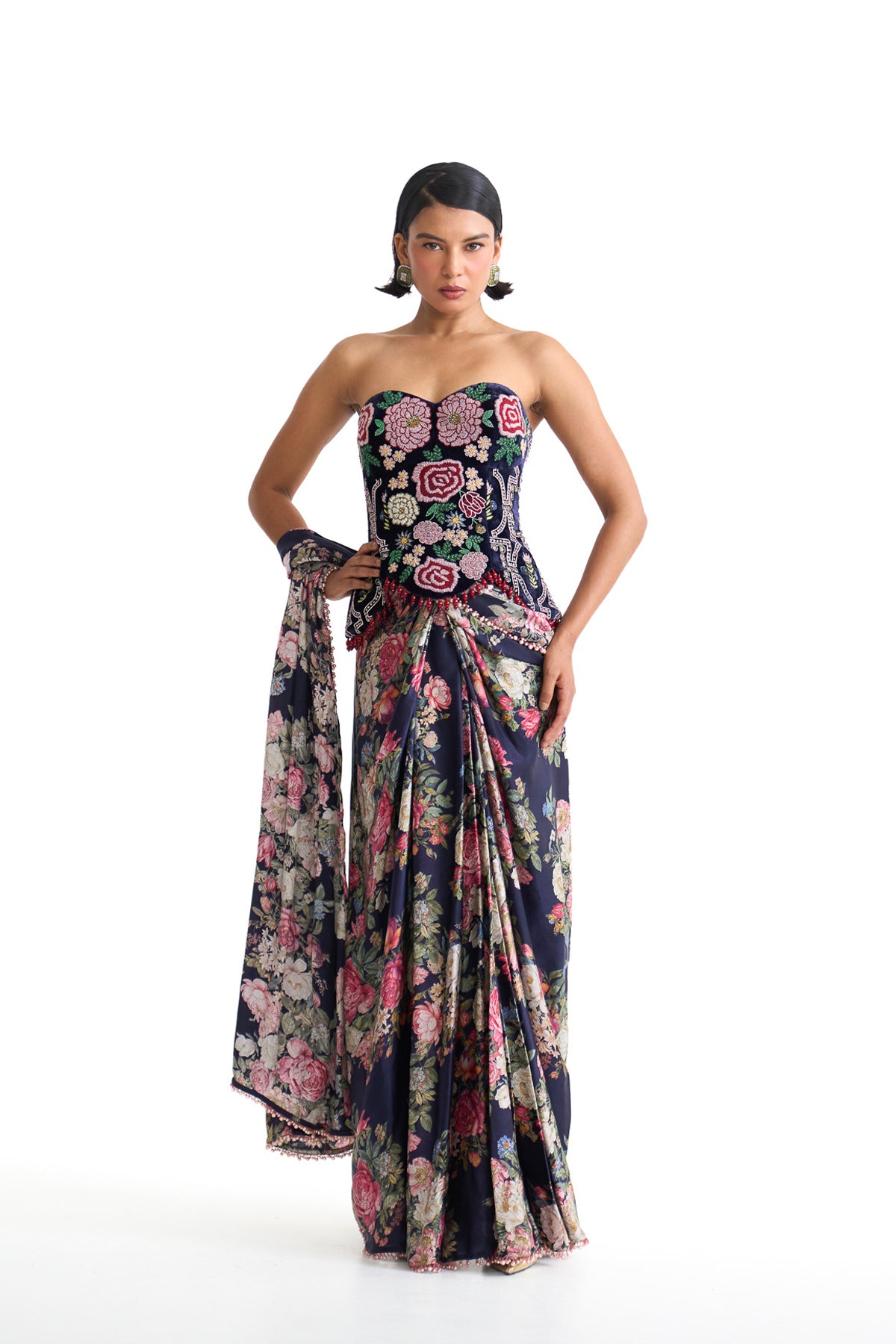 French rose corset saree set