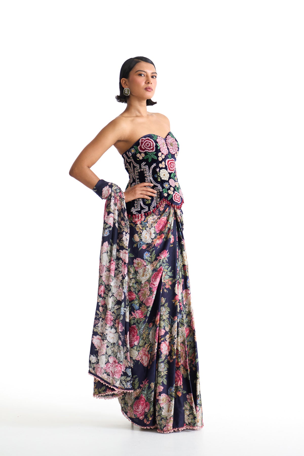 French rose corset saree set