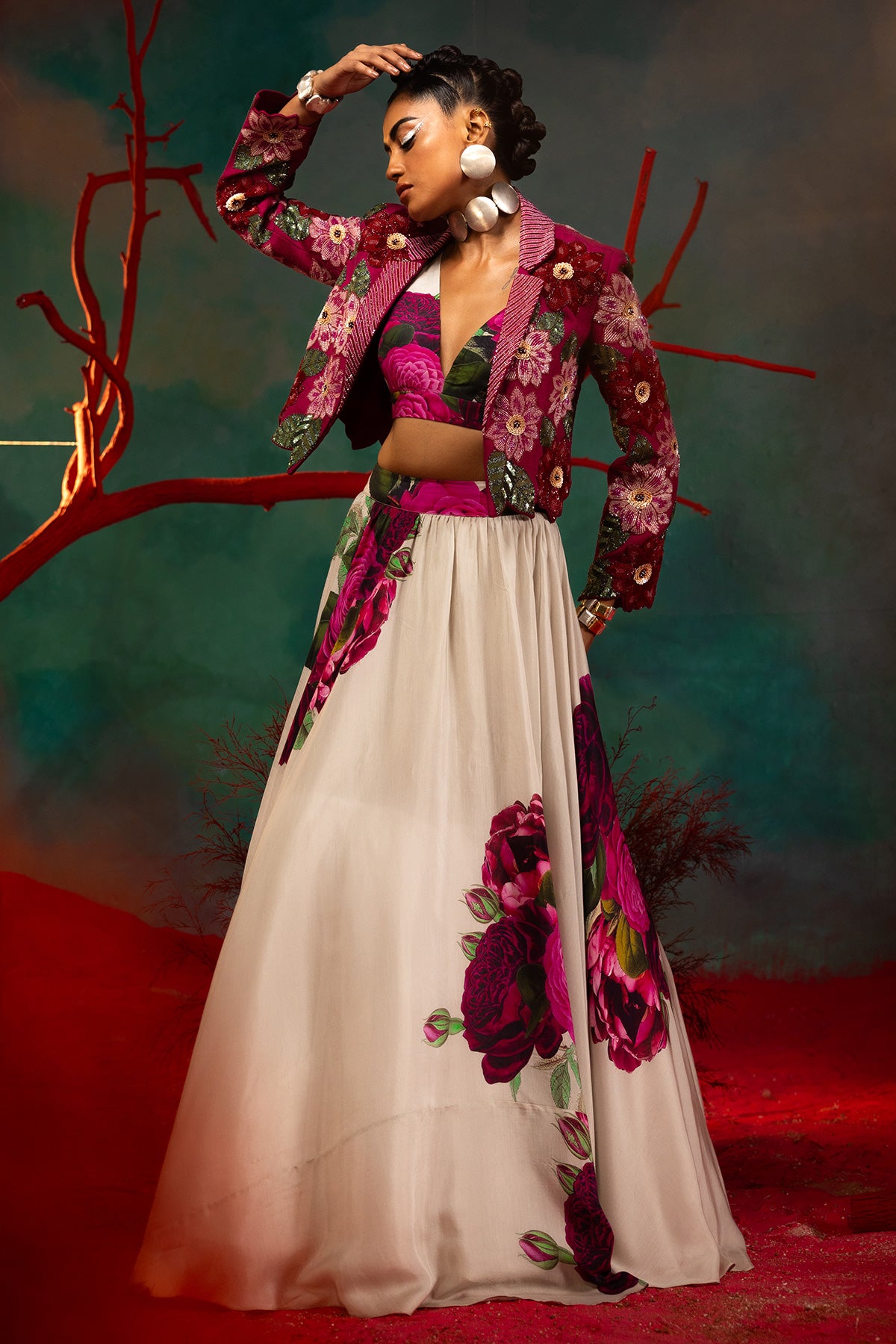 Floral Crop Blazer With Lehenga