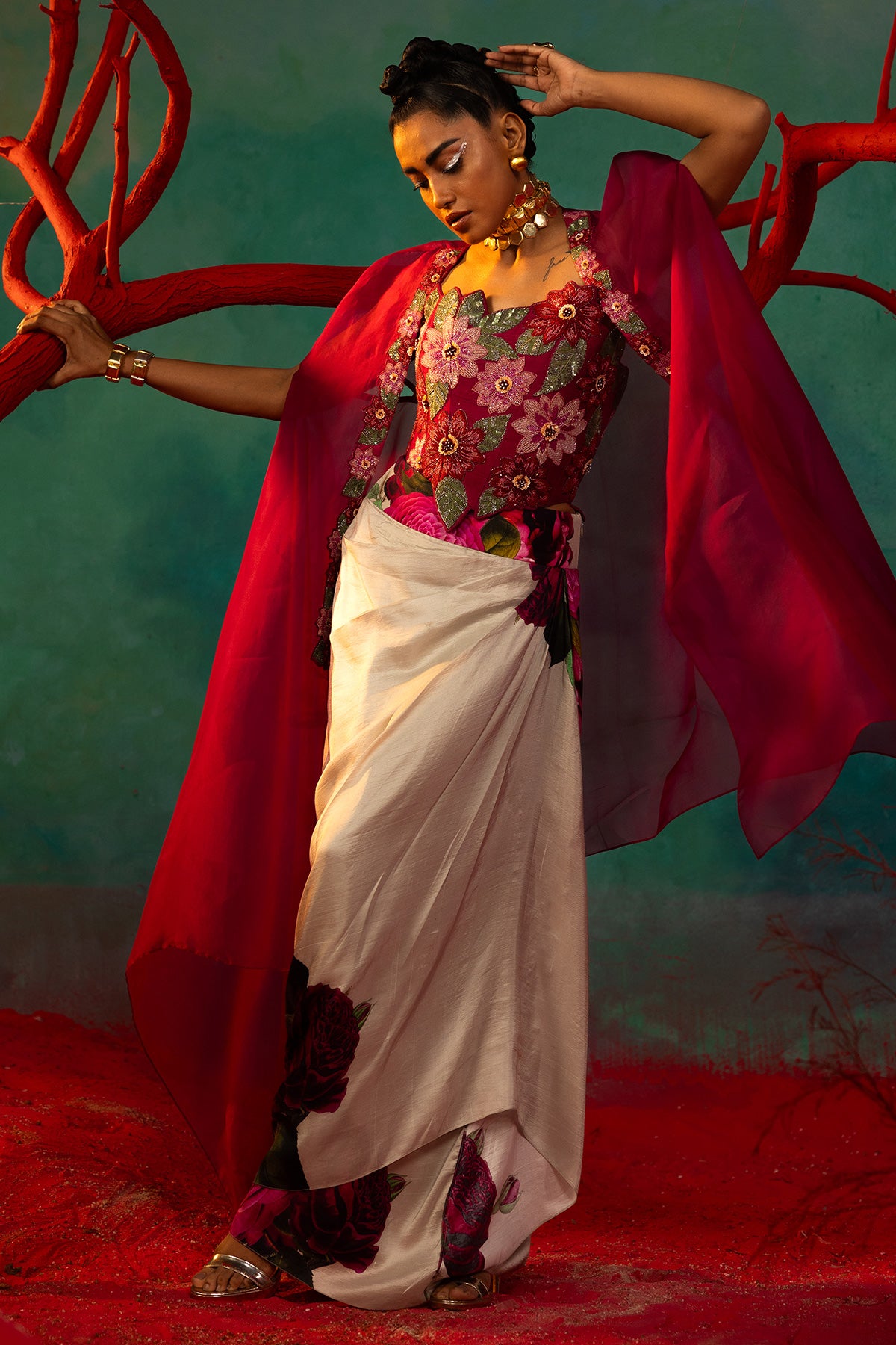 Embroidered Corset With Organza Cape With Drape Skirt