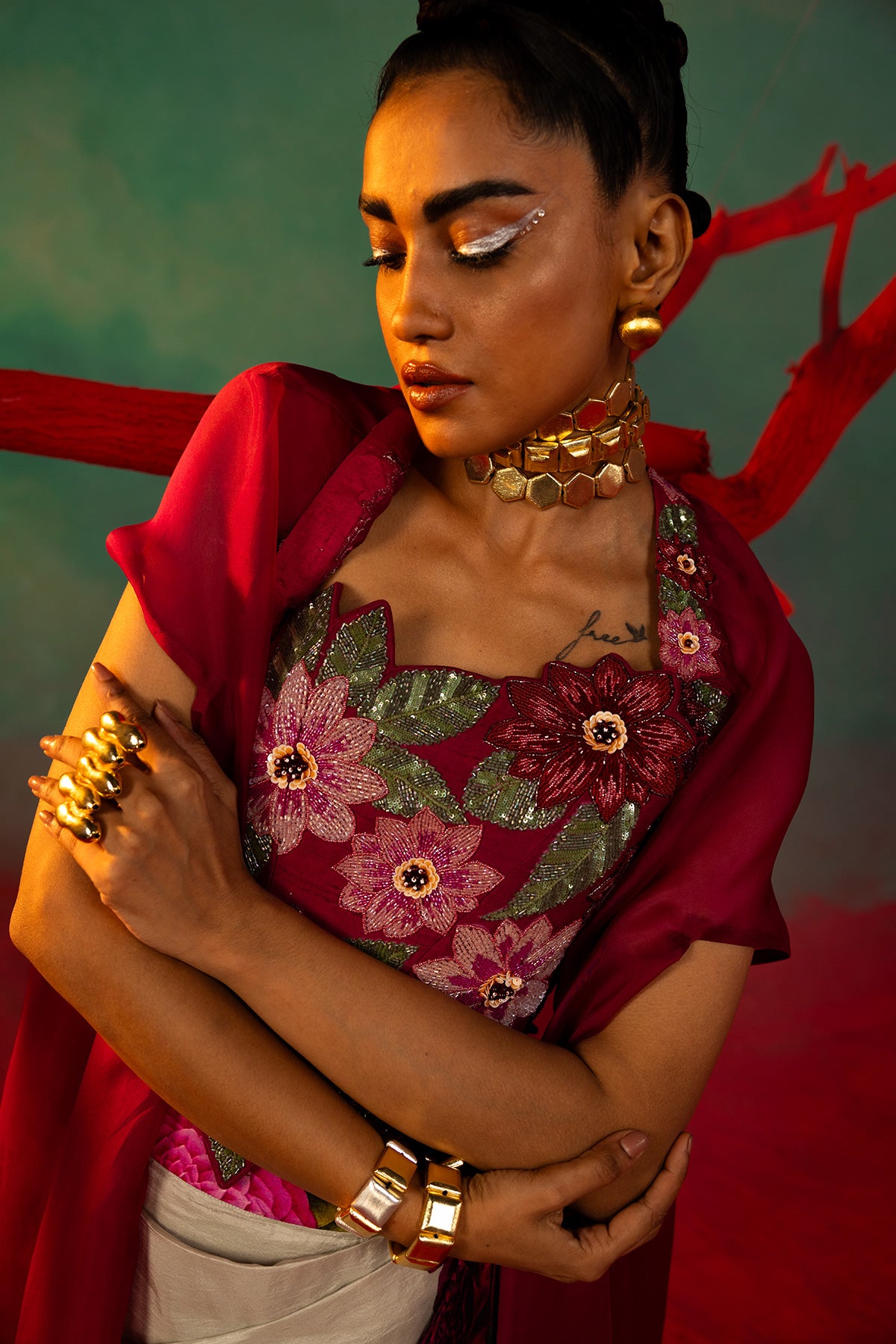 Embroidered Corset With Organza Cape With Drape Skirt
