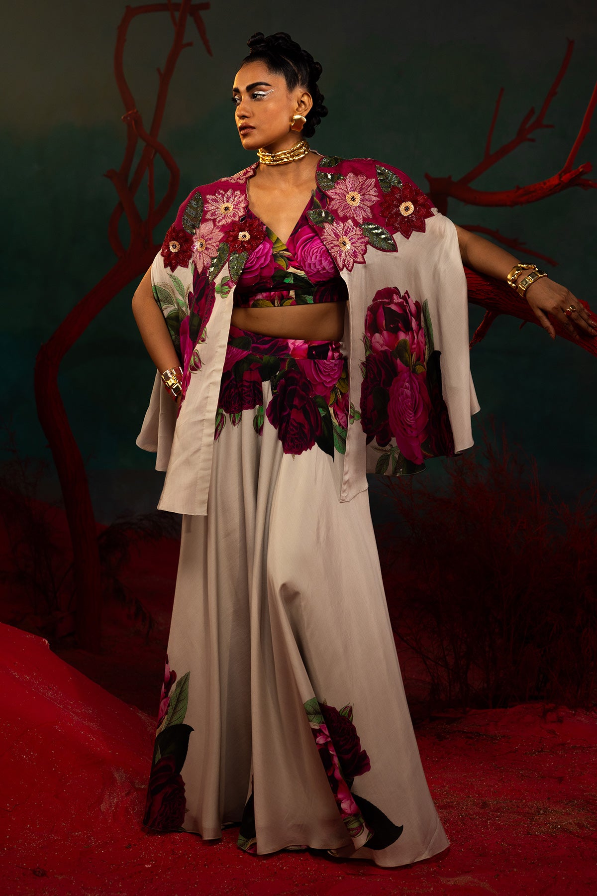 Pink Bold Floral Cape With Sharara