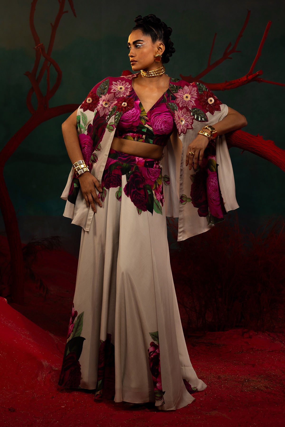 Pink Bold Floral Cape With Sharara