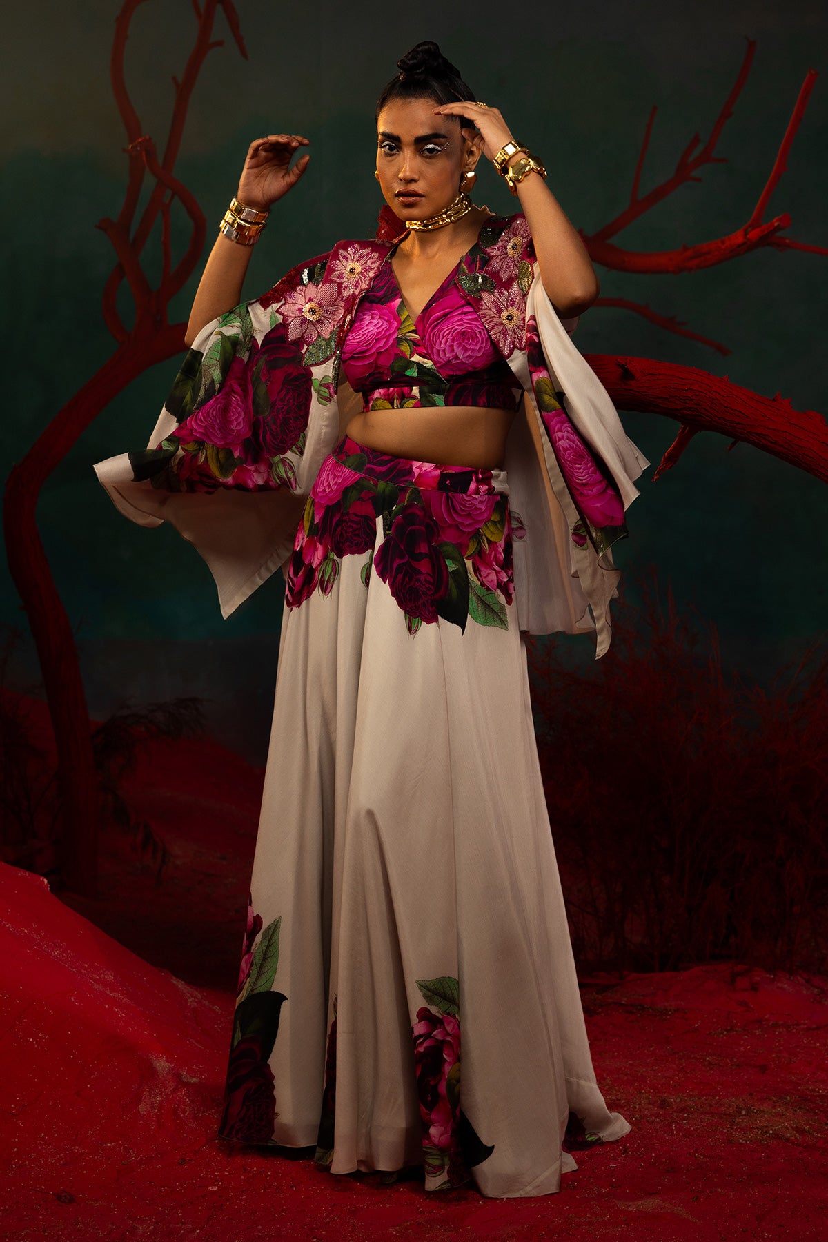 Pink Bold Floral Cape With Sharara