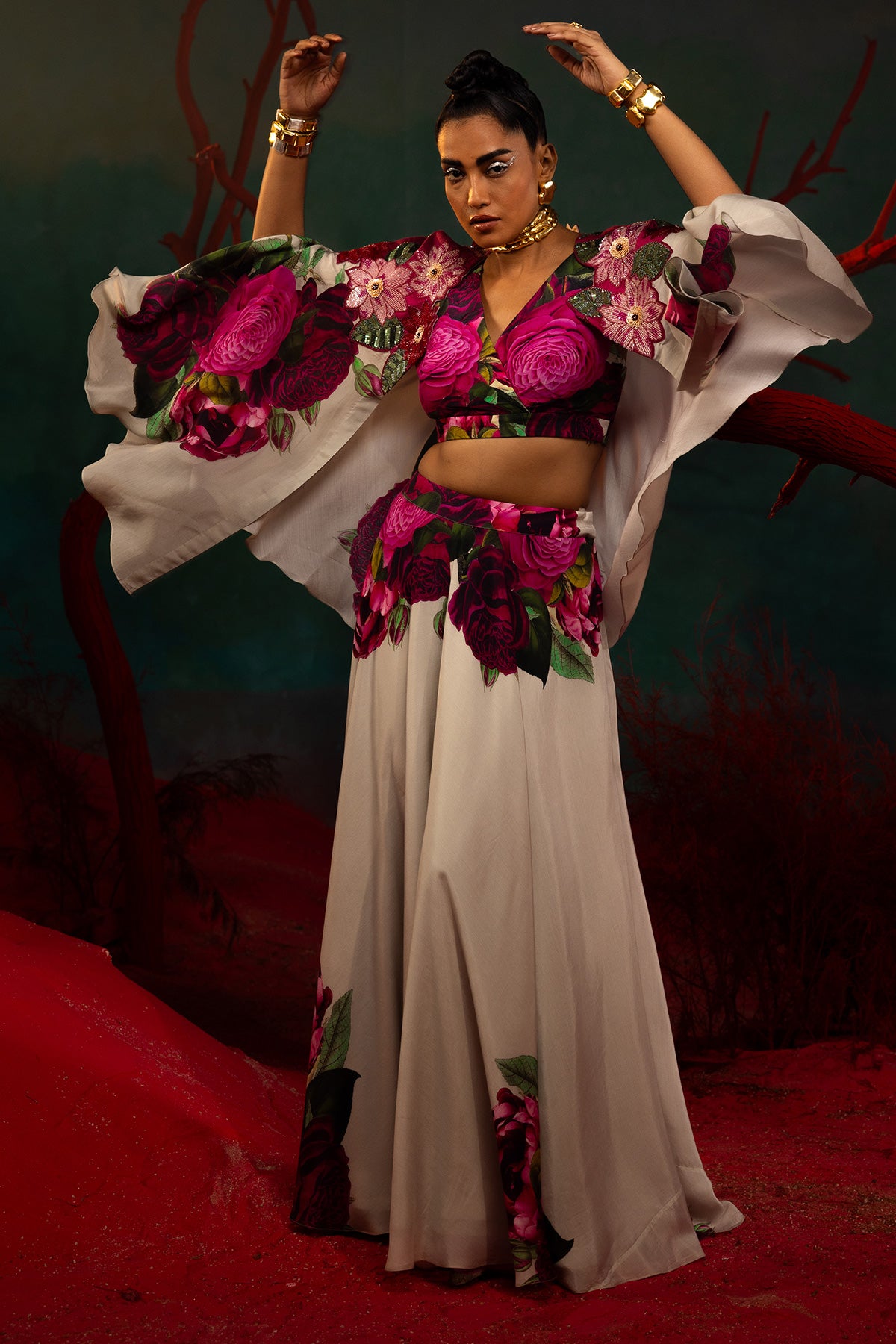 Pink Bold Floral Cape With Sharara