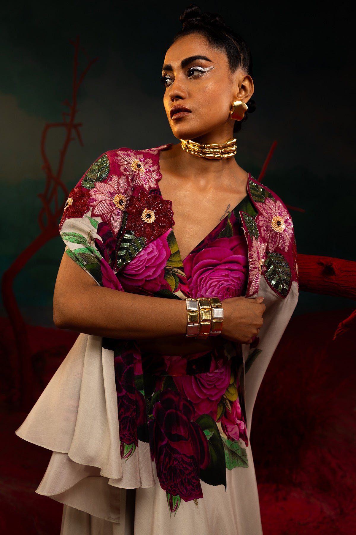 Pink Bold Floral Cape With Sharara