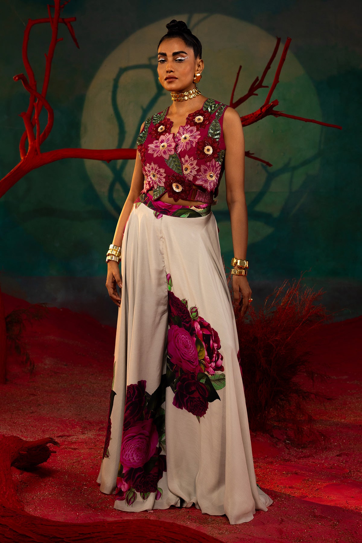 Embroidered Wrap Top And Printed Sharara