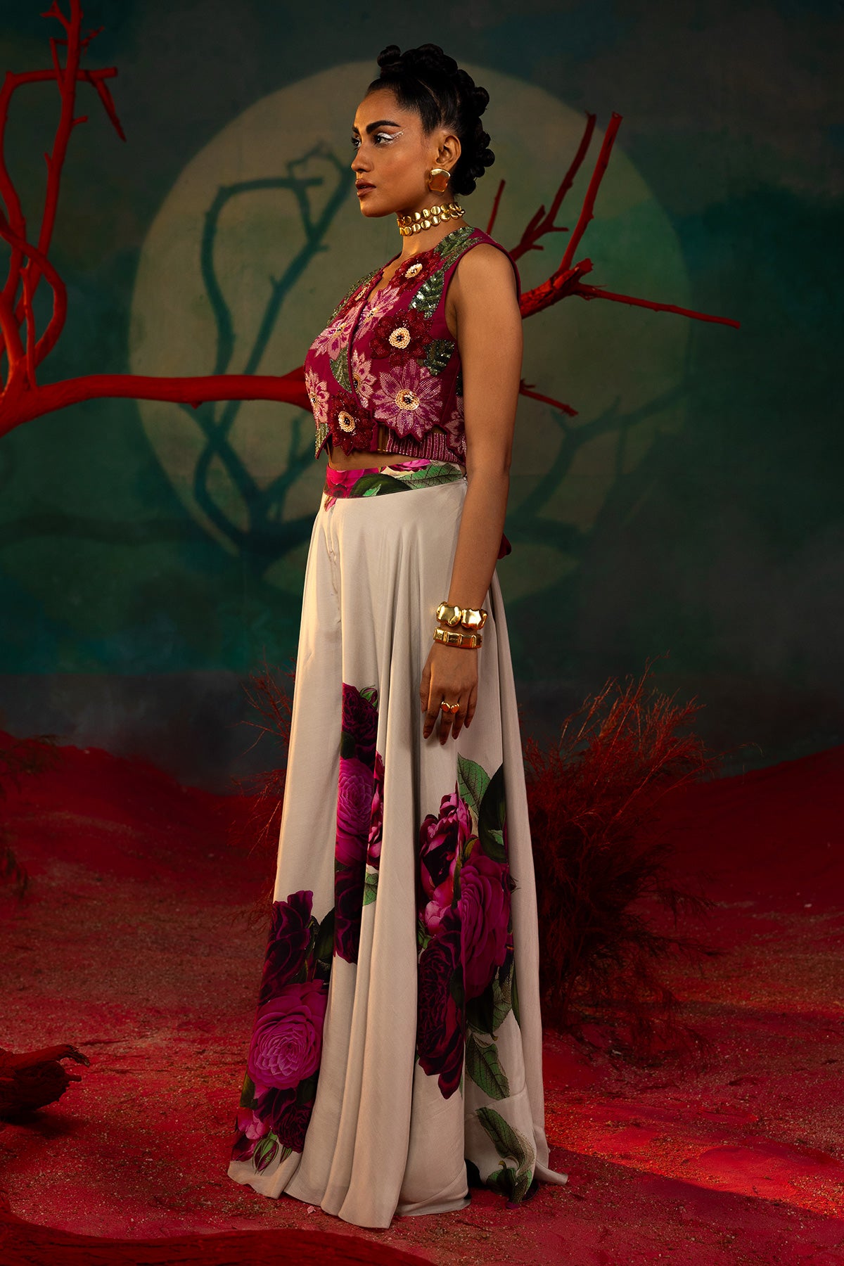 Embroidered Wrap Top And Printed Sharara