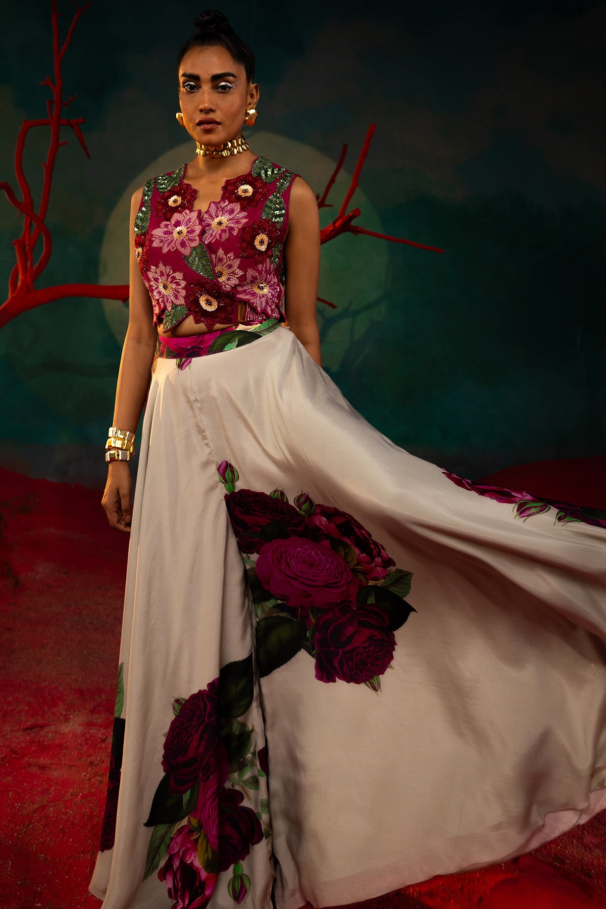 Embroidered Wrap Top And Printed Sharara