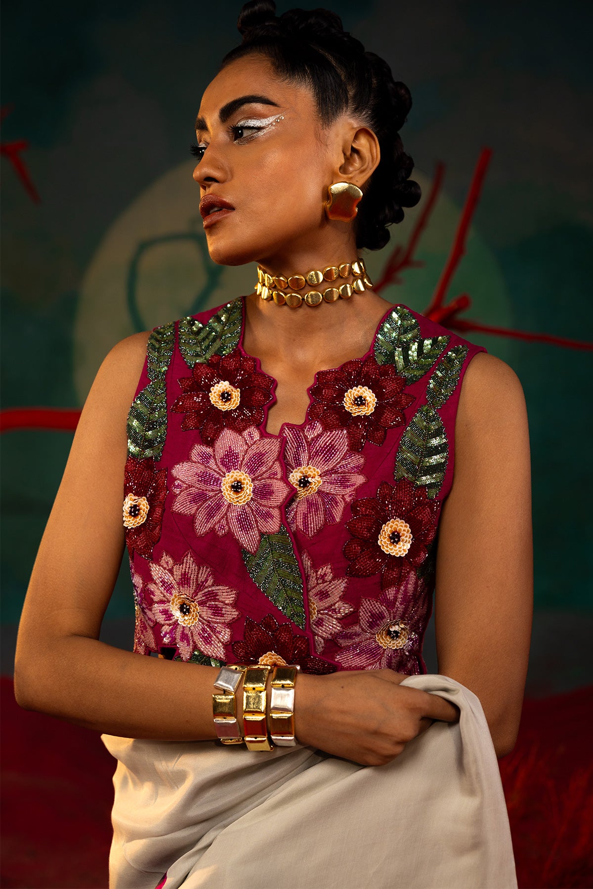 Embroidered Wrap Top And Printed Sharara