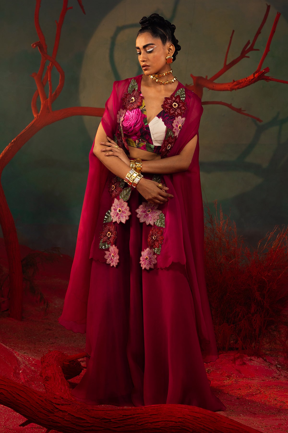 Embroidered Organza Cape With Sharara