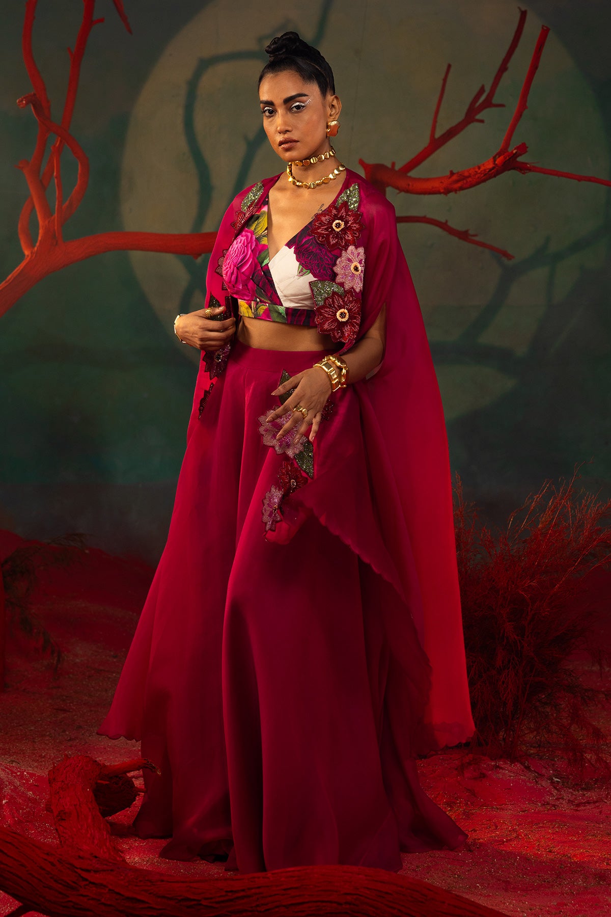 Embroidered Organza Cape With Sharara