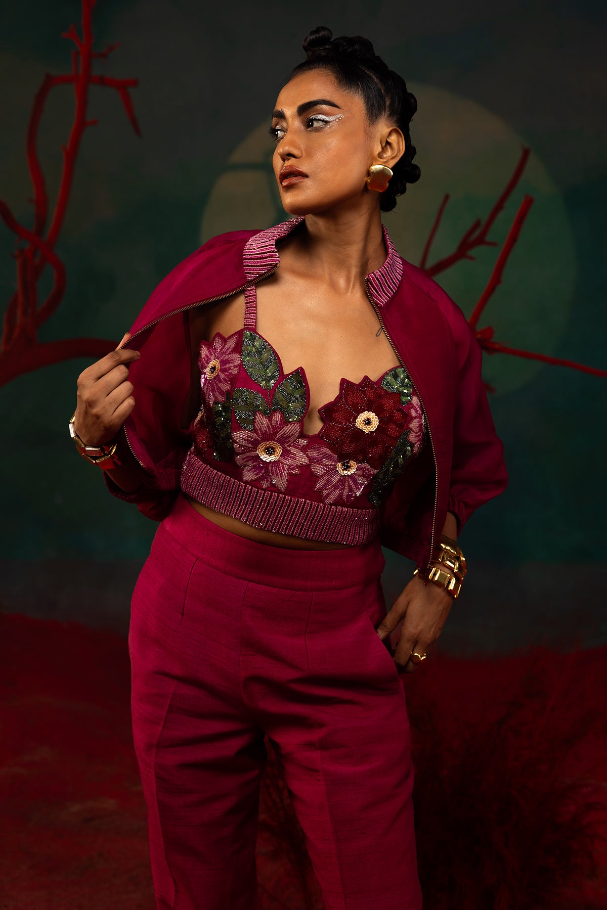 Pink Organza Embroidered Bustier And Pant