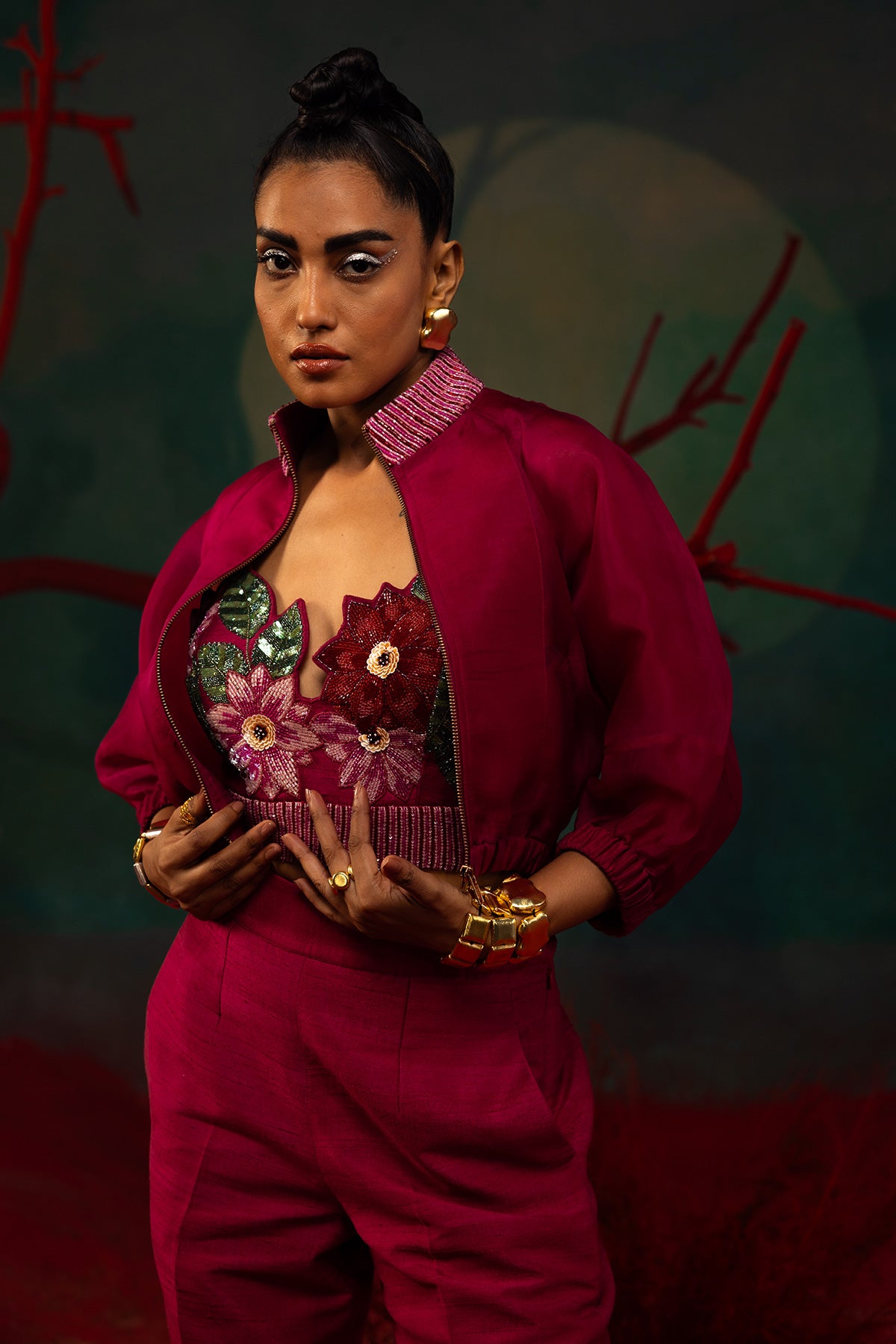 Pink Organza Embroidered Bustier And Pant