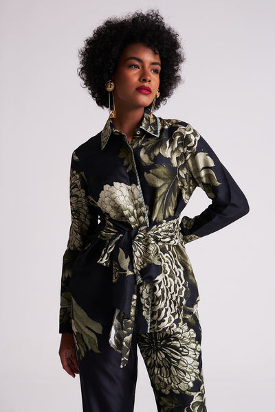 Black floral Front tie up shirt