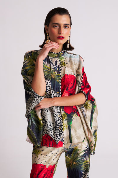 leopard floral Band collar shirt
