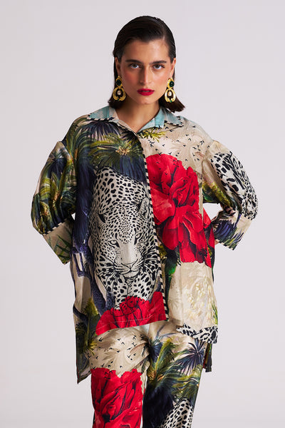 leopard floral Box yoke pleated shirt