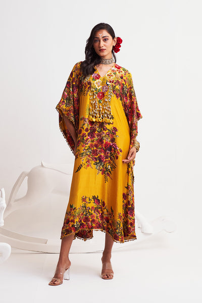Festive bloom V neck embroidered kaftan