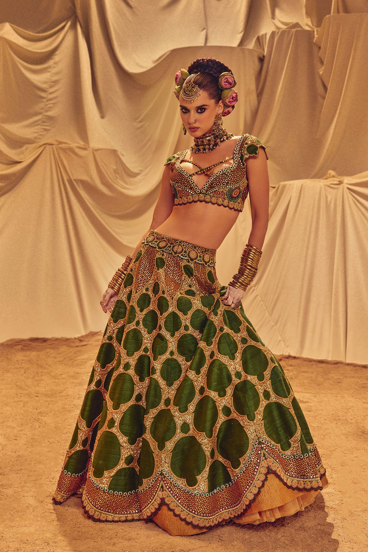 Green bold motif jewel lehenga