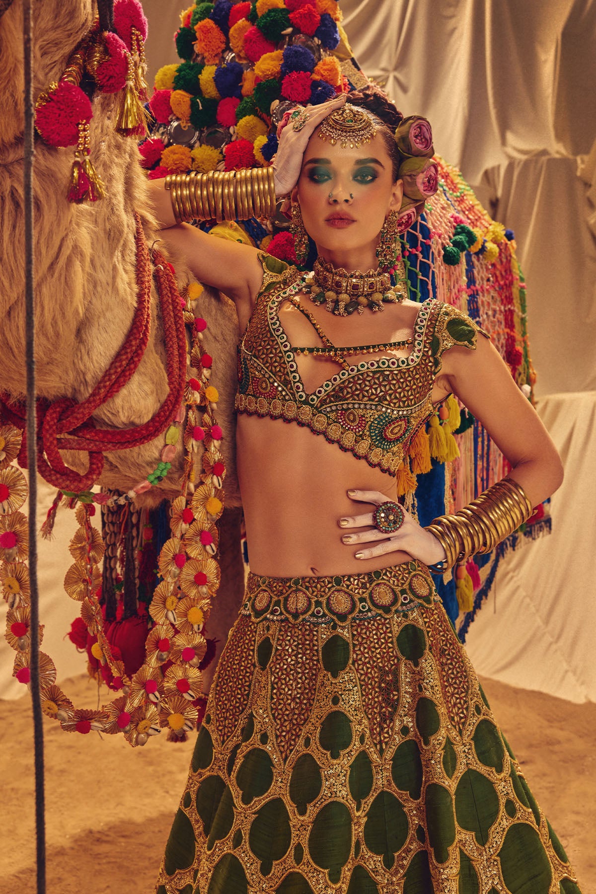 Green bold motif jewel lehenga