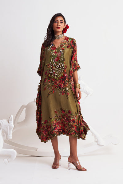 Festive bloom V neck embroidered kaftan