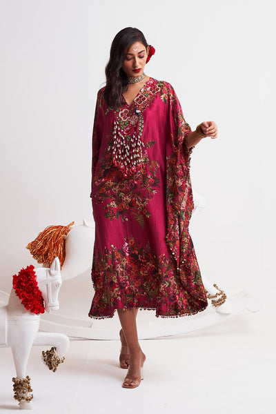 Festive bloom V neck embroidered kaftan