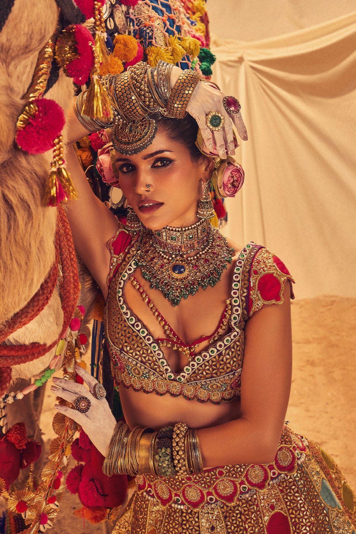 Multicolor bold motif jewel lehenga