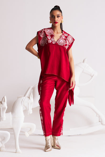 Crimson bloom Embroidered neckline top