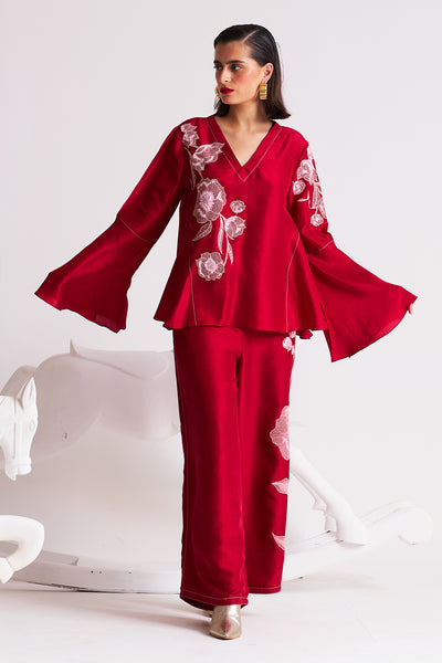 Crimson bloom V-neck bell sleeve top