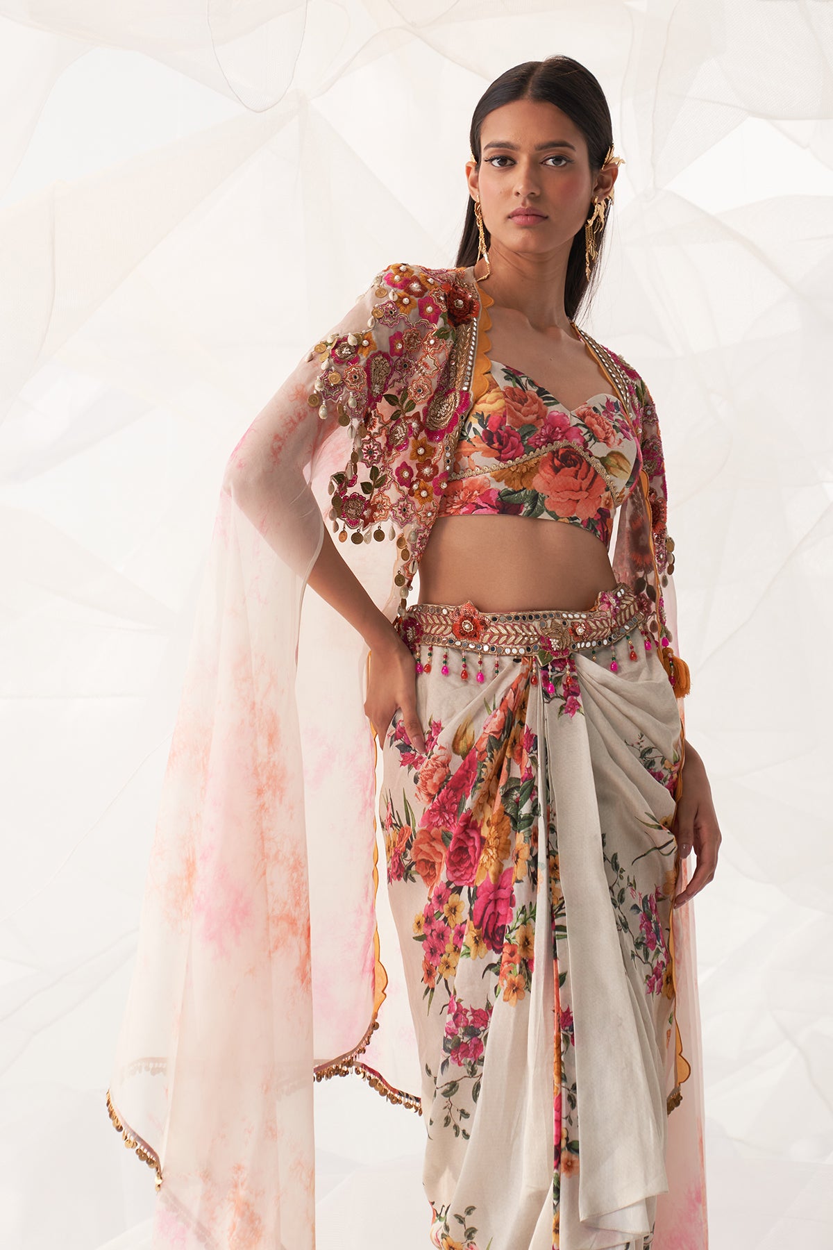 IVORY MULTI FLORAL DRAPE CAPE SET