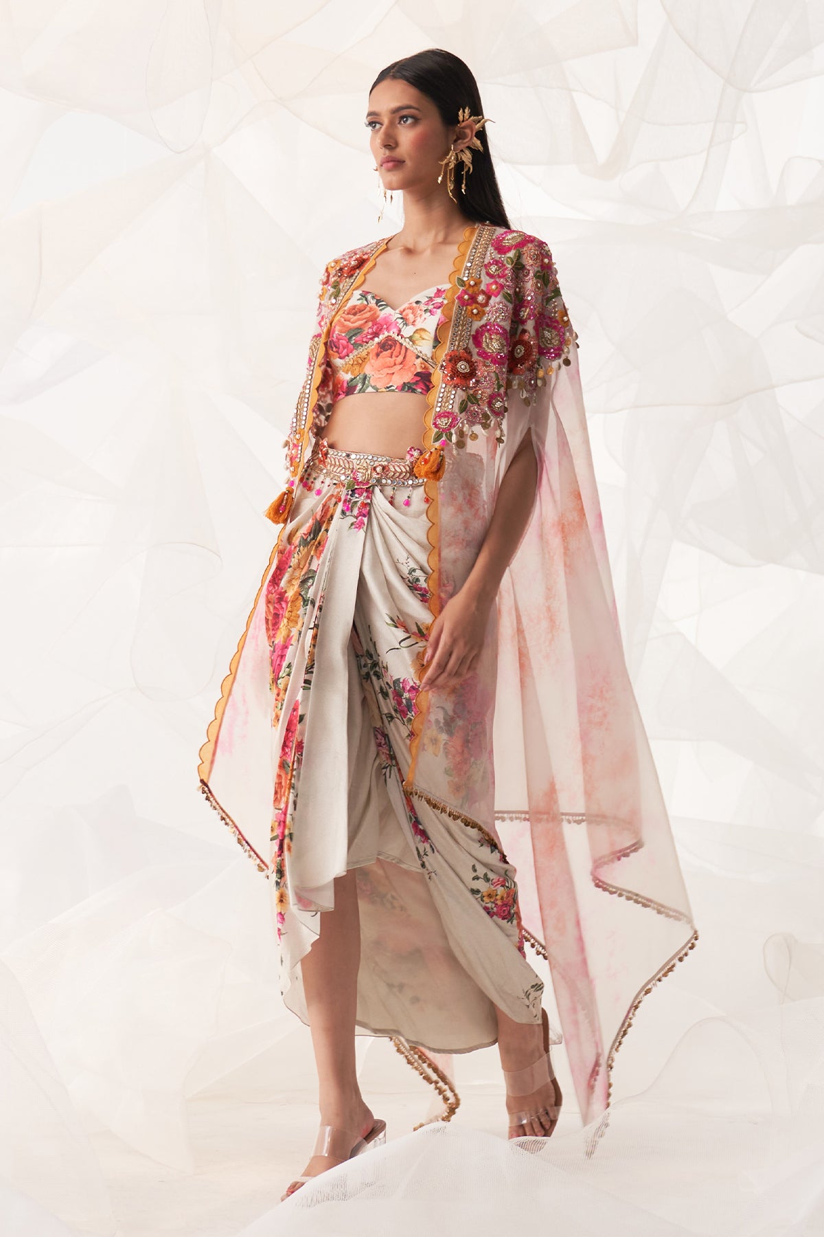 IVORY MULTI FLORAL DRAPE CAPE SET
