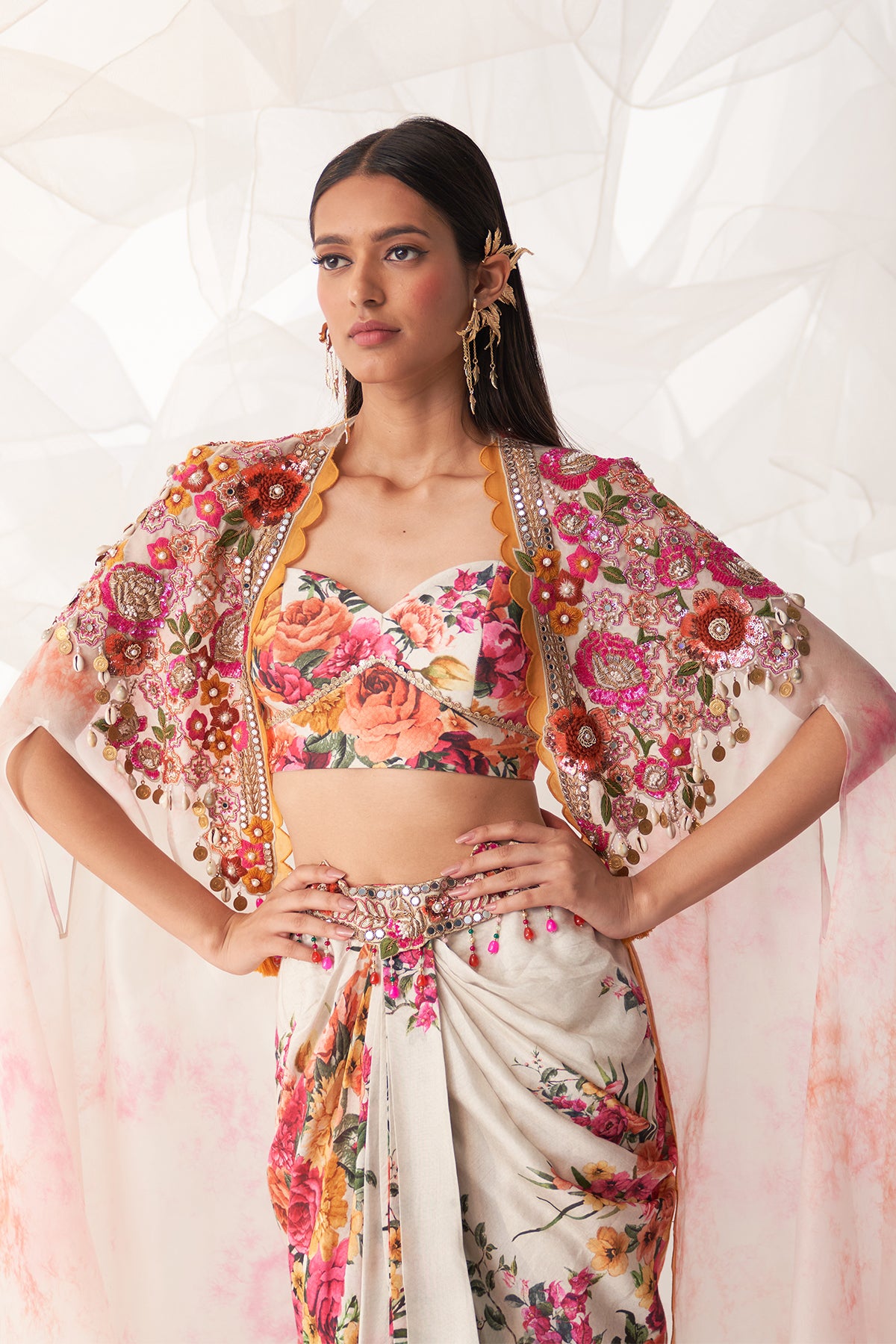 IVORY MULTI FLORAL DRAPE CAPE SET