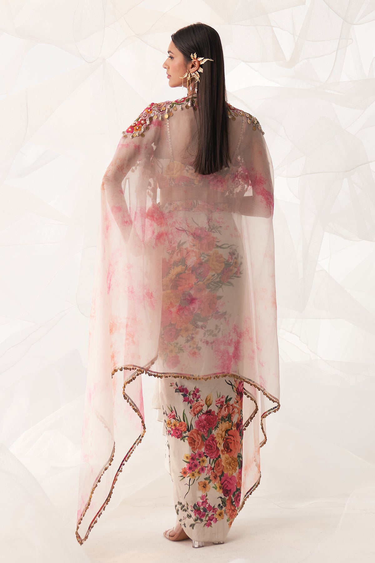 IVORY MULTI FLORAL DRAPE CAPE SET