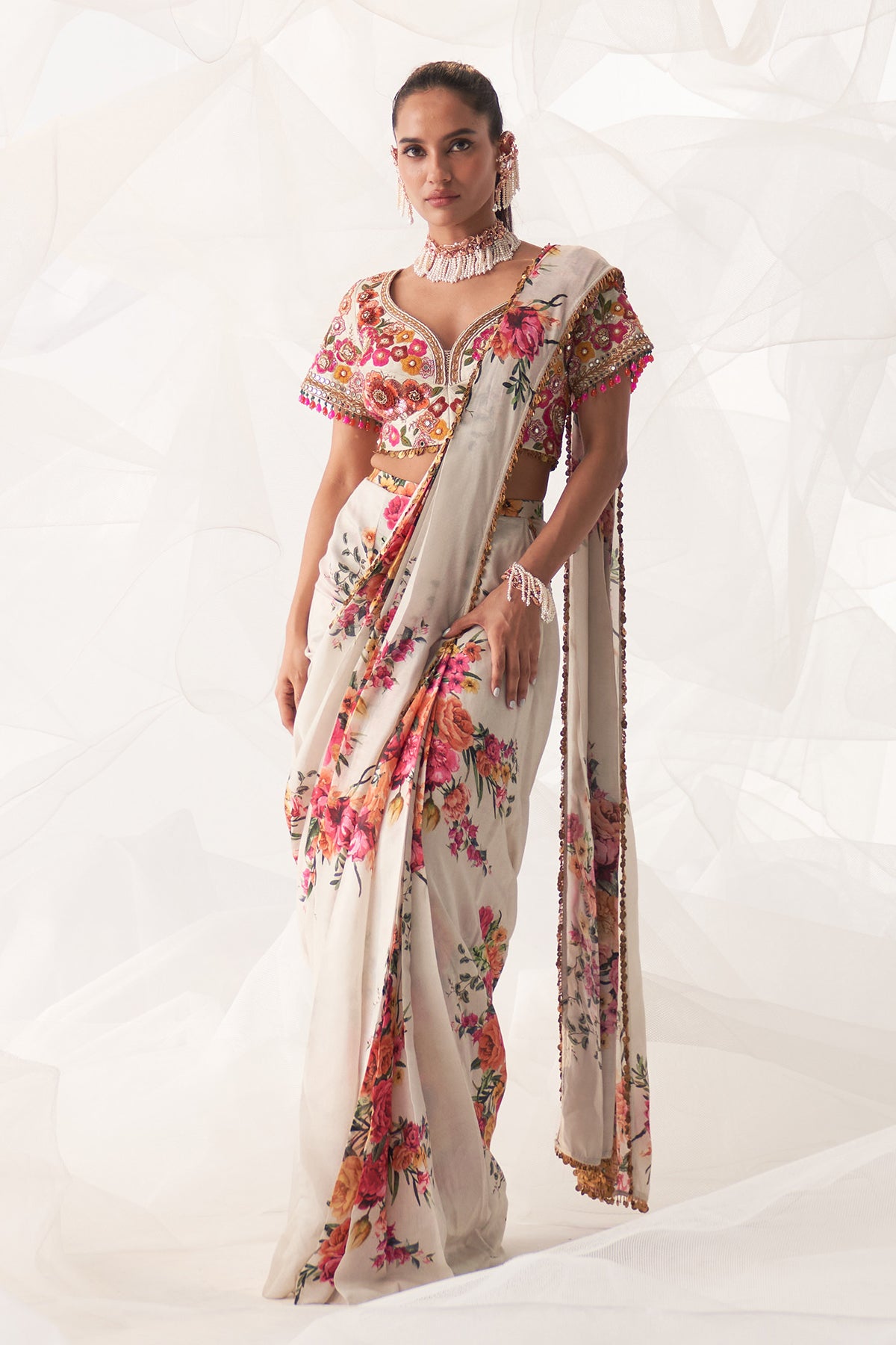 IVORY MULTI FLORAL DRAPE SAREE
