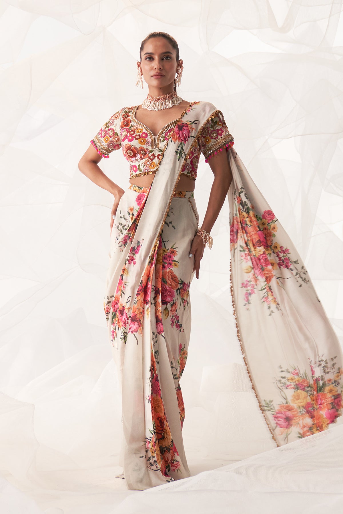 IVORY MULTI FLORAL DRAPE SAREE