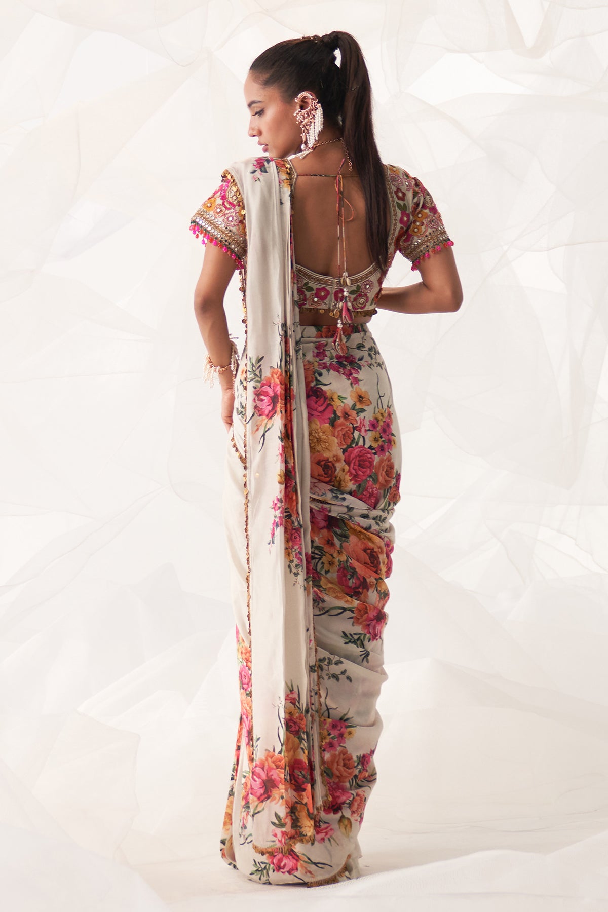 IVORY MULTI FLORAL DRAPE SAREE